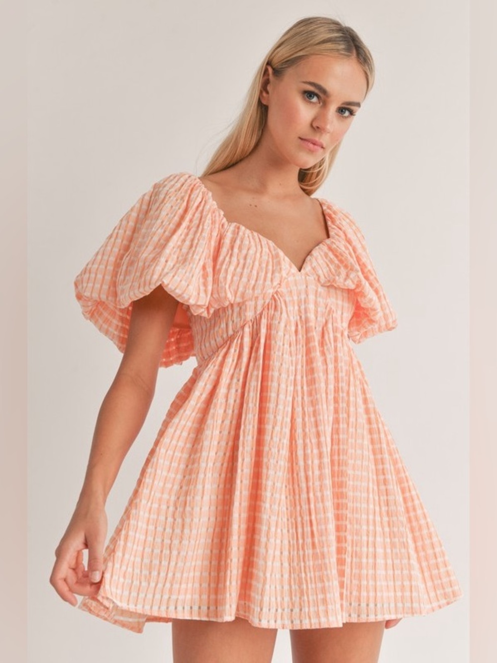 Klesis Orange Sweetheart Neckline Puff Sleeve A-line Mini Dress Small Gingham